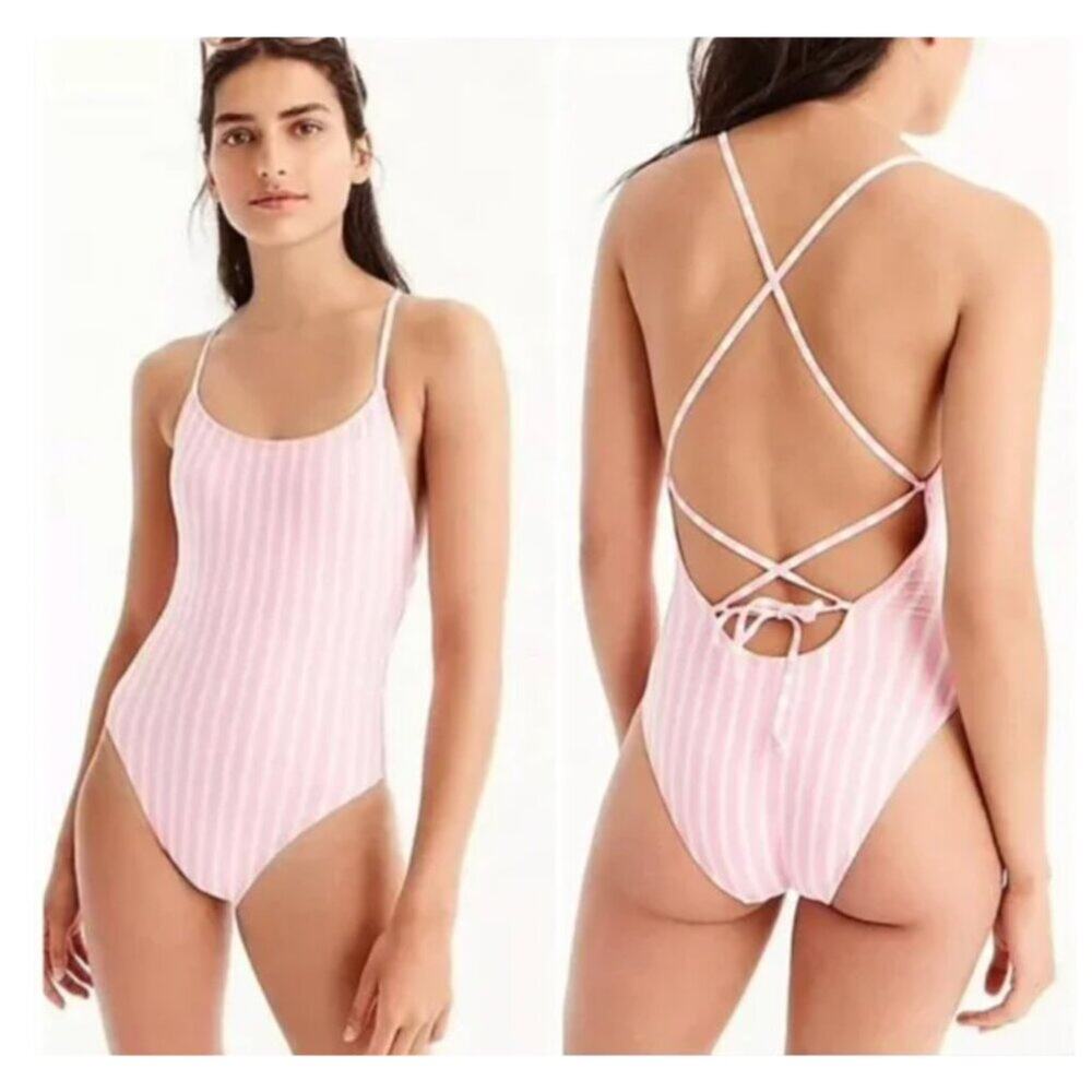 J. Crew Pink Striped Lace-Up Back One-Piece Swimsuit